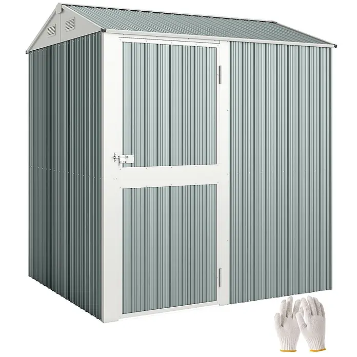 Outsunny Gerätehaus - Außenbreite inkl. Dachüberstand: 209 cm, Außentiefe inkl. Dachüberstand: 177 cm, Stahl, Hellgrau - Wellblech-Gartenschuppen in Hellgrau mit weißen Zierleisten und ein Paar weißen Arbeitshandschuhen.