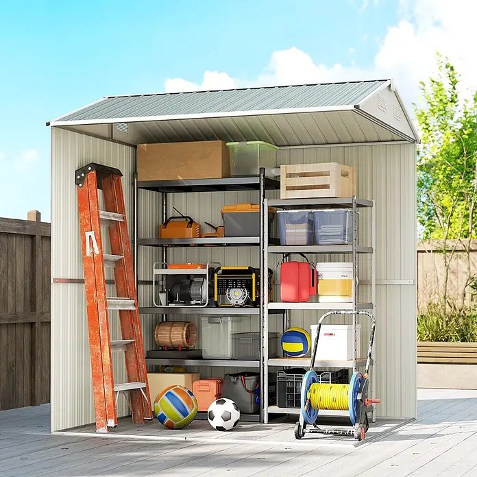 Outsunny Gerätehaus - Außenbreite inkl. Dachüberstand: 209 cm, Außentiefe inkl. Dachüberstand: 177 cm, Stahl, Hellgrau - Metallschuppen mit Regalen, lagert Werkzeuge, Kisten und Sportgeräte auf einer Terrasse.
