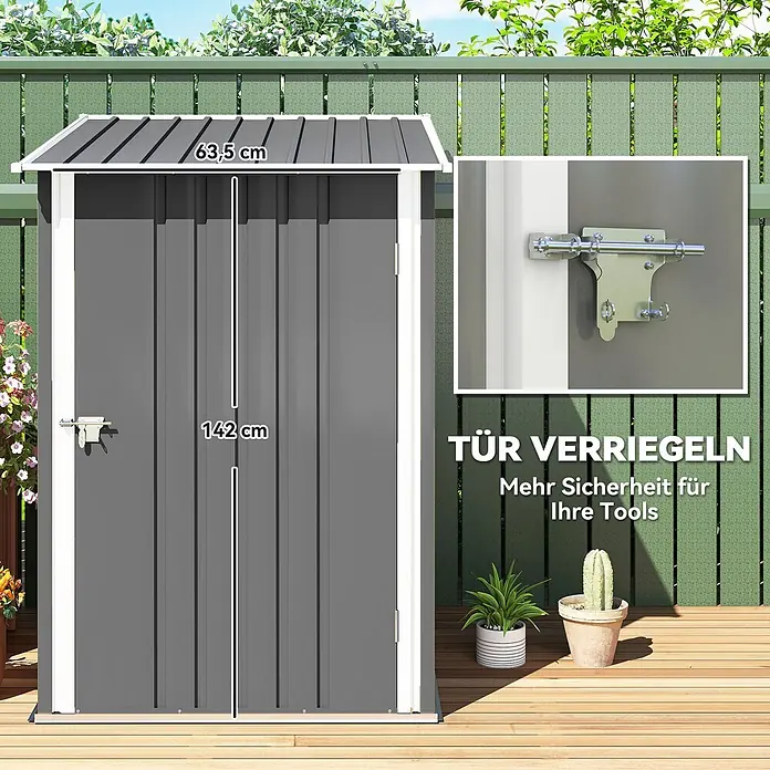 Outsunny Gerätehaus - Außenbreite inkl. Dachüberstand: 100 cm, Außentiefe inkl. Dachüberstand: 103 cm, Stahl, Grau - Dunkelgrauer Metall-Gartenschuppen mit silbernem Dach und weißem Rand, ausgestattet mit einem sicheren Türriegel. Maße: Tür 142 cm hoch, Dach 63,5 cm breit.