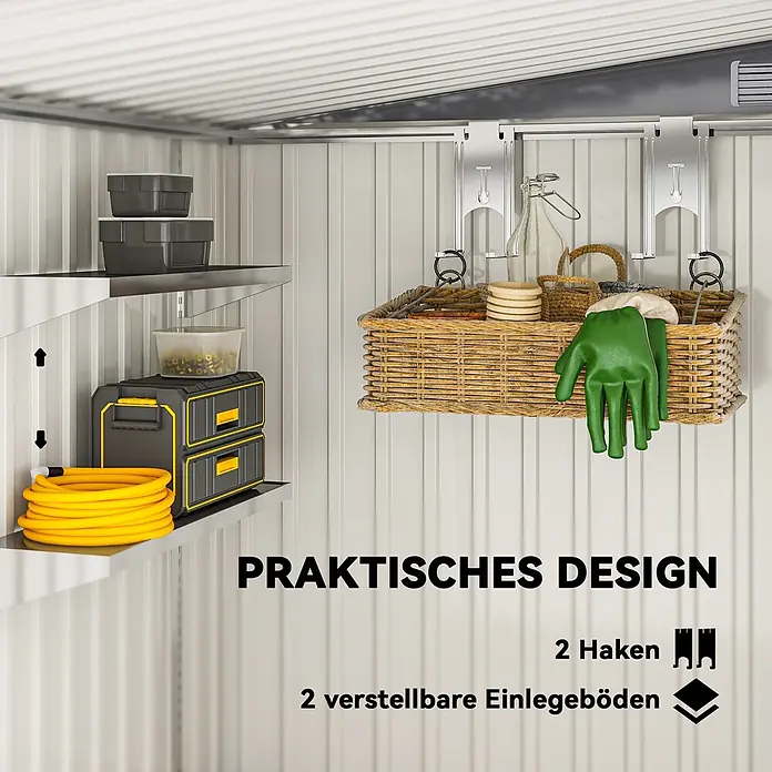Outsunny Gerätehaus - Außenbreite inkl. Dachüberstand: 154 cm, Außentiefe inkl. Dachüberstand: 206 cm, Stahl, Dunkelgrau - Innenansicht eines Geräteschuppens mit zwei verstellbaren Regalböden und zwei Haken, der Gartengeräte, einen Schlauch und Aufbewahrungsboxen organisiert.