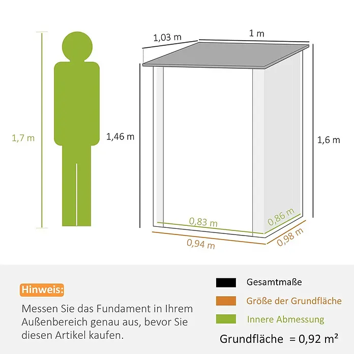 Outsunny Gerätehaus - Außenbreite inkl. Dachüberstand: 100 cm, Außentiefe inkl. Dachüberstand: 103 cm, Stahl, Grau - Geräteschuppen-Maße: Außen-, Innen- und Grundfläche, mit 1,7 m Person zum Größenvergleich.