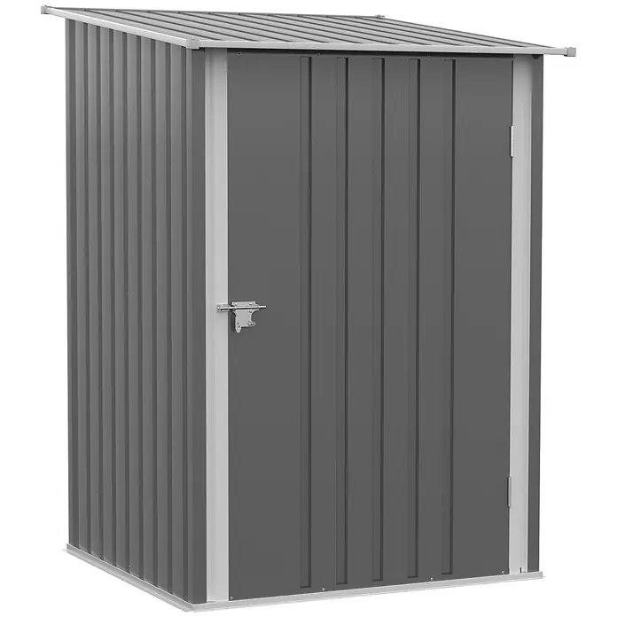 Outsunny Gerätehaus - Außenbreite inkl. Dachüberstand: 100 cm, Außentiefe inkl. Dachüberstand: 103 cm, Stahl, Grau - Dunkelgrauer Metall-Gartenschuppen mit Pultdach und silbernen Akzenten, mit Riegel.