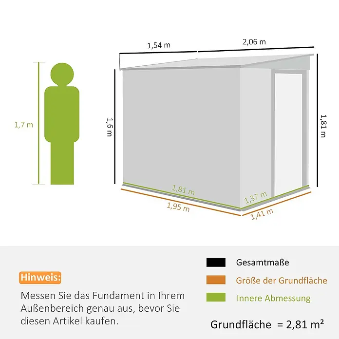 Outsunny Gerätehaus - Außenbreite inkl. Dachüberstand: 154 cm, Außentiefe inkl. Dachüberstand: 206 cm, Stahl, Dunkelgrau - Diagramm eines hellgrauen Gartenhauses mit Maßen für Länge, Breite und Höhe, daneben eine grüne Person zum Größenvergleich.