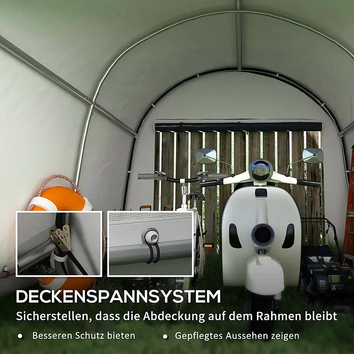 Outsunny Gerätehaus - Außenbreite inkl. Dachüberstand: 300 cm, Außentiefe inkl. Dachüberstand: 300 cm, Stahl, Grau - Spanngurte und Klemmen sichern die lichtgraue Abdeckung eines Gerätezelts am Metallrahmen, gezeigt mit einem Roller und Rasenmäher.