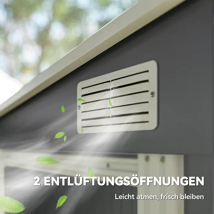 Outsunny Gerätehaus - Außenbreite inkl. Dachüberstand: 154 cm, Außentiefe inkl. Dachüberstand: 206 cm, Stahl, Dunkelgrau - Eine hellgraue Lüftungsöffnung an einer dunkelgrauen Struktur, mit Luft und Blättern in Bewegung.