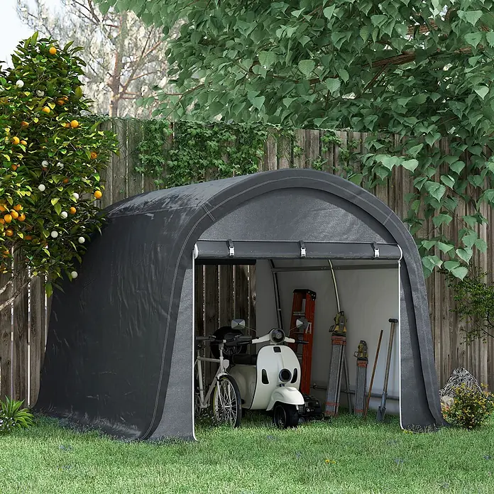 Outsunny Gerätehaus - Außenbreite inkl. Dachüberstand: 300 cm, Außentiefe inkl. Dachüberstand: 300 cm, Stahl, Grau - Dunkelgrauer gewölbter Stoffunterstand im Garten, schützt Roller, Fahrrad und Werkzeuge.