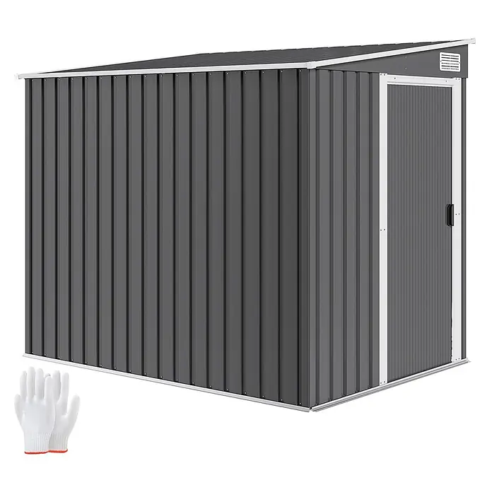 Outsunny Gerätehaus - Außenbreite inkl. Dachüberstand: 154 cm, Außentiefe inkl. Dachüberstand: 206 cm, Stahl, Dunkelgrau - Grauer Metallschuppen mit Pultdach und weißer Verkleidung. Inklusive einem Paar weißer Schutzhandschuhe.