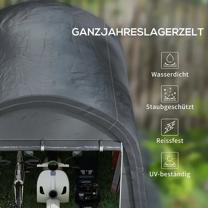 Outsunny Gerätehaus - Außenbreite inkl. Dachüberstand: 300 cm, Außentiefe inkl. Dachüberstand: 300 cm, Stahl, Grau - Graues Ganzjahreslagerzelt schützt Fahrrad, Roller und Rasenmäher. Es ist wasserdicht, staubgeschützt, reißfest und UV-beständig.
