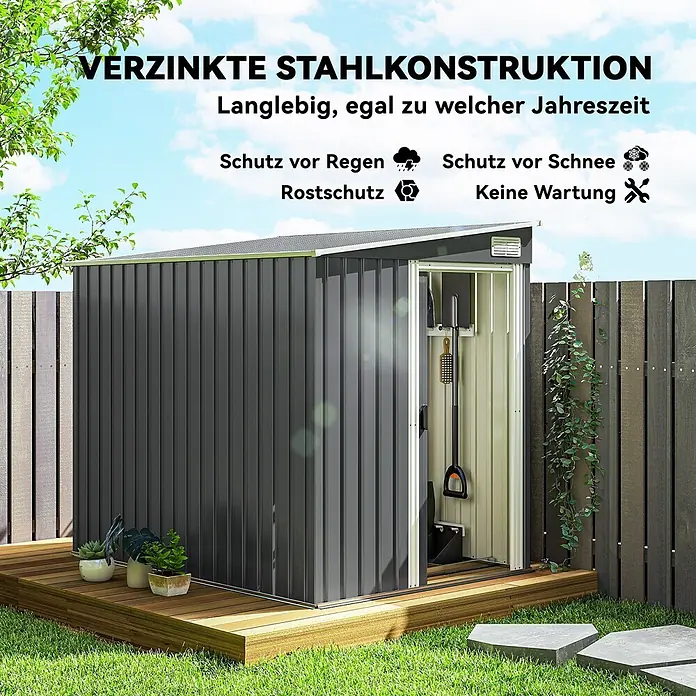 Outsunny Gerätehaus - Außenbreite inkl. Dachüberstand: 154 cm, Außentiefe inkl. Dachüberstand: 206 cm, Stahl, Dunkelgrau - Dunkelgraues Gartenhaus aus verzinktem Stahl auf Holzterrasse, langlebig, witterungs- und rostbeständig.