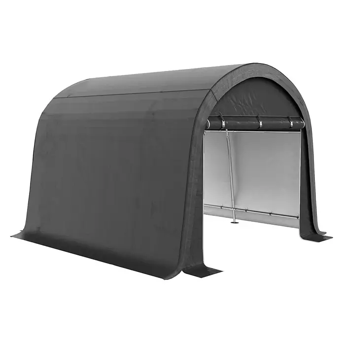 Outsunny Gerätehaus - Außenbreite inkl. Dachüberstand: 300 cm, Außentiefe inkl. Dachüberstand: 300 cm, Stahl, Grau - Dunkelgraue, gewölbte, tragbare Garage mit Rolltor, ideal für Fahrzeuge oder Lagerung.