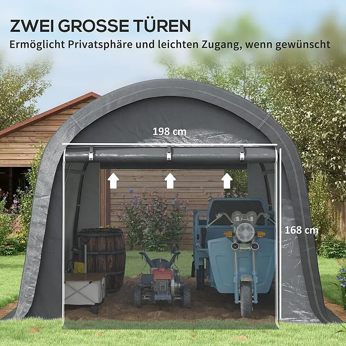Outsunny Gerätehaus - Außenbreite inkl. Dachüberstand: 300 cm, Außentiefe inkl. Dachüberstand: 300 cm, Stahl, Grau - Dunkelgraues bogenförmiges Lagerzelt mit zwei großen Türen, 198x168 cm Öffnung. Zur Aufbewahrung von Geräten wie einem Grubber.