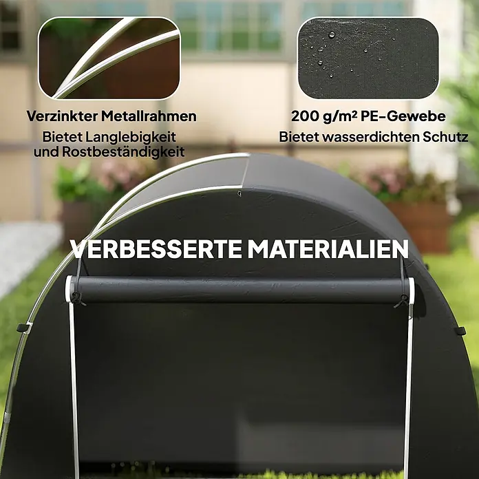 Outsunny Gerätehaus - Außenbreite inkl. Dachüberstand: 200 cm, Außentiefe inkl. Dachüberstand: 120 cm, Kunststoff, Dunkelgrau - Dunkelgraue Outdoor-Überdachung mit verzinktem Metallrahmen und 200 g/m² PE-Gewebe, betont Langlebigkeit und Wasserdichtigkeit.
