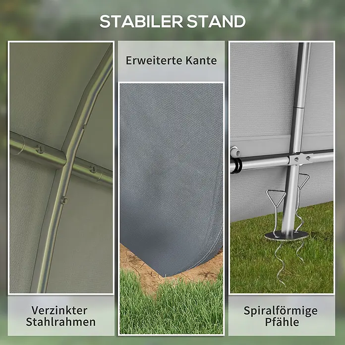Outsunny Gerätehaus - Außenbreite inkl. Dachüberstand: 300 cm, Außentiefe inkl. Dachüberstand: 300 cm, Stahl, Grau - Detailansichten für stabilen Stand: verzinkter Stahlrahmen, verlängerte graue Stoffkante am Boden und spiralförmige Erdspieße.