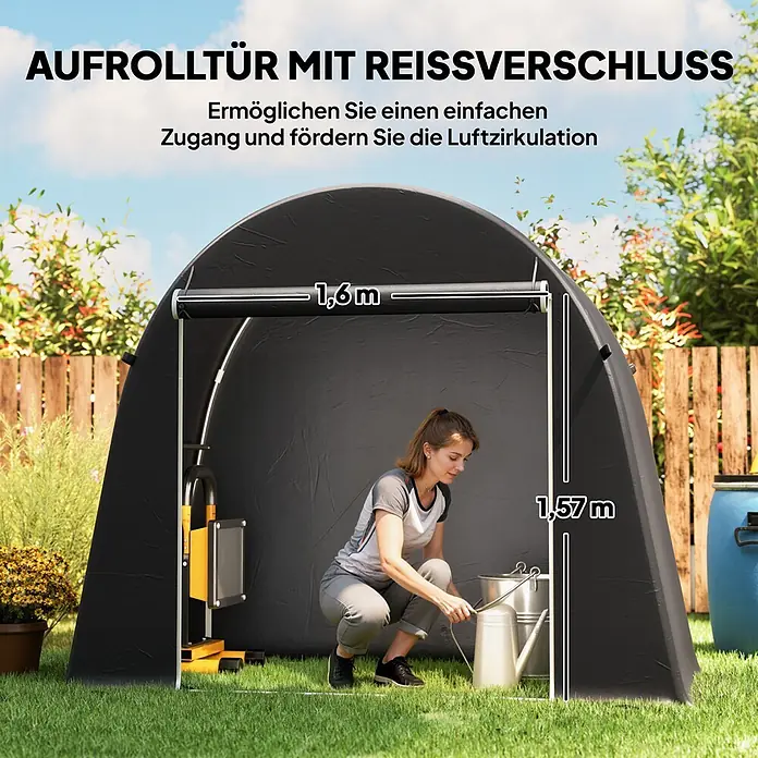 Outsunny Gerätehaus - Außenbreite inkl. Dachüberstand: 200 cm, Außentiefe inkl. Dachüberstand: 120 cm, Kunststoff, Dunkelgrau - Schwarzes Gartenzelt mit Bogenform und aufrollbarer Reißverschlusstür, 1,6 m breit, 1,57 m hoch, im Garten.
