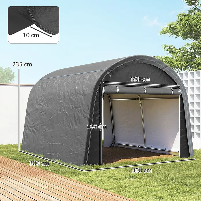 Outsunny Gerätehaus - Außenbreite inkl. Dachüberstand: 300 cm, Außentiefe inkl. Dachüberstand: 300 cm, Stahl, Grau - Dunkelgrauer gewölbter Lagerzelt mit Rolltür, Maße 300x235 cm.