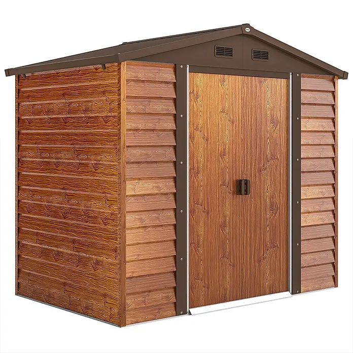 Outsunny Gerätehaus - Außenbreite inkl. Dachüberstand: 236 cm, Außentiefe inkl. Dachüberstand: 152 cm, Stahl, Braun - Braunes Metallgartenhaus mit Holzoptik-Paneelen.
