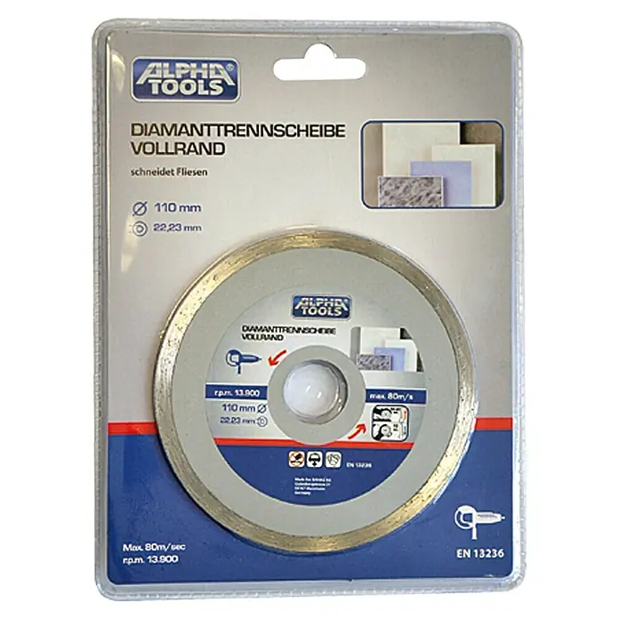 Alpha Tools Diamant-Trennscheibe - Fliesen, Durchmesser Scheibe: 110 mm, Bohrung: 22,23 mm - Bild einer Diamanttrennscheibe Vollrand von Alpha Tools, ideal zum Schneiden von Fliesen, mit 110 mm Durchmesser und 22,23 mm Bohrung.