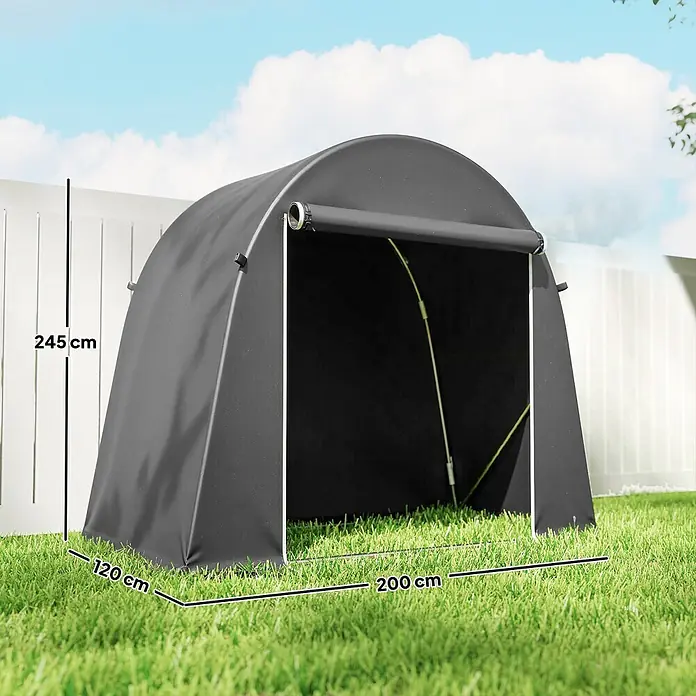 Outsunny Gerätehaus - Außenbreite inkl. Dachüberstand: 200 cm, Außentiefe inkl. Dachüberstand: 120 cm, Kunststoff, Dunkelgrau - Dunkelgraues gewölbtes Outdoor-Lagerzelt, 245x120x200 cm.