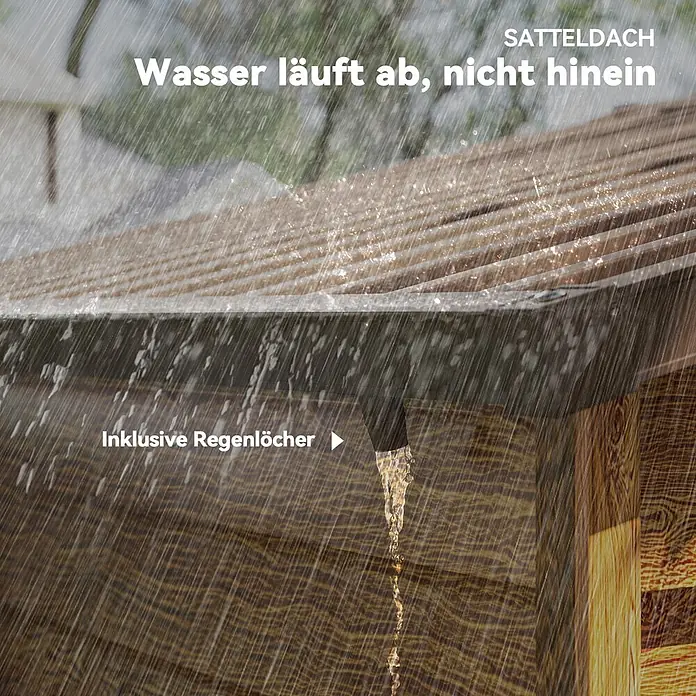 Outsunny Gerätehaus - Außenbreite inkl. Dachüberstand: 236 cm, Außentiefe inkl. Dachüberstand: 152 cm, Stahl, Braun - Braunes Holz-Satteldach im Regen, mit effektiver Wasserableitung inklusive Regenlöcher.