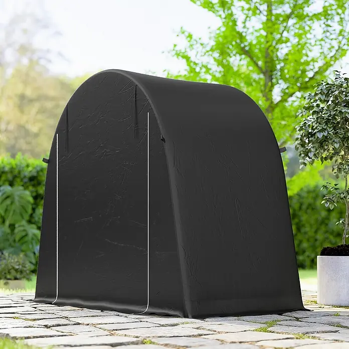 Outsunny Gerätehaus - Außenbreite inkl. Dachüberstand: 200 cm, Außentiefe inkl. Dachüberstand: 120 cm, Kunststoff, Dunkelgrau - Schwarzes bogenförmiges Outdoor-Lagerzelt auf einer Steinterrasse im Garten.