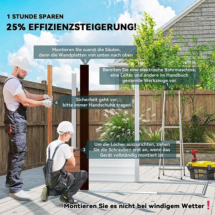 Outsunny Gerätehaus - Außenbreite inkl. Dachüberstand: 236 cm, Außentiefe inkl. Dachüberstand: 152 cm, Stahl, Braun - Zwei Männer montieren auf einer Terrasse einen dunkelbraunen Gartensichtschutz mit weißen Pfosten.