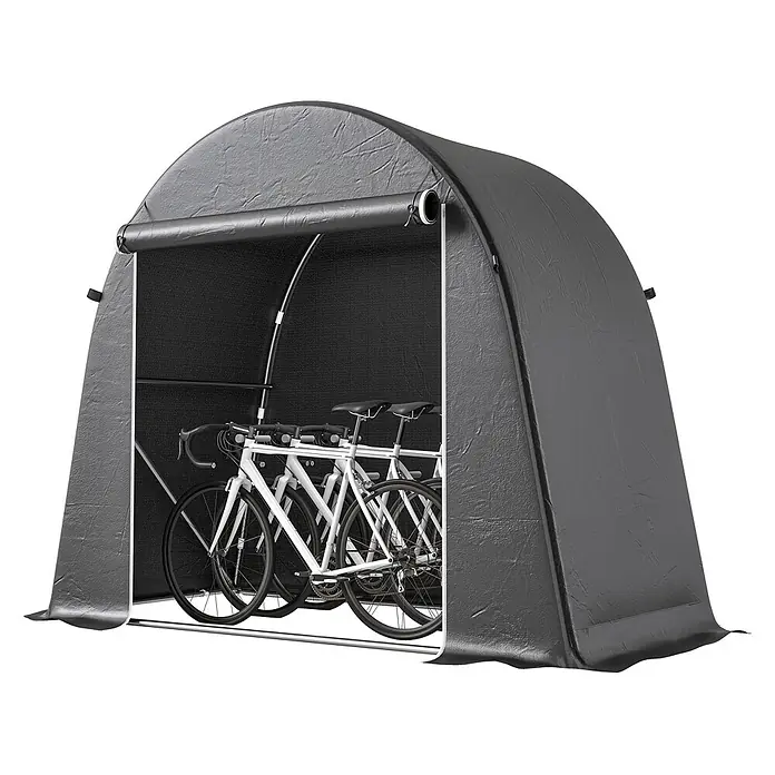 Outsunny Gerätehaus - Außenbreite inkl. Dachüberstand: 200 cm, Außentiefe inkl. Dachüberstand: 120 cm, Kunststoff, Dunkelgrau - Dunkelgraues, bogenförmiges Fahrrad-Lagerzelt aus Stoff mit zwei weißen Fahrrädern, bietet Schutz.