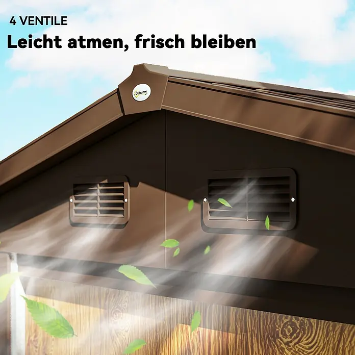 Outsunny Gerätehaus - Außenbreite inkl. Dachüberstand: 236 cm, Außentiefe inkl. Dachüberstand: 152 cm, Stahl, Braun - Brauner Schuppen mit 4 Lüftungsöffnungen für leichtes Atmen und frische Luft. Dargestellt mit Lichtstrahlen und schwebenden Blättern.