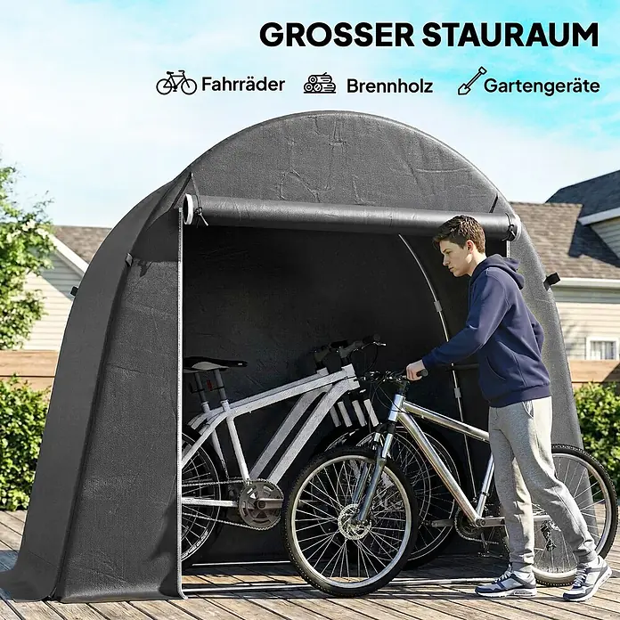 Outsunny Gerätehaus - Außenbreite inkl. Dachüberstand: 200 cm, Außentiefe inkl. Dachüberstand: 120 cm, Kunststoff, Dunkelgrau - Dunkelgraues gewölbtes Outdoor-Aufbewahrungszelt mit Fahrrädern, von einer Person gezeigt. Ideal für Fahrräder, Brennholz, Gartengeräte.