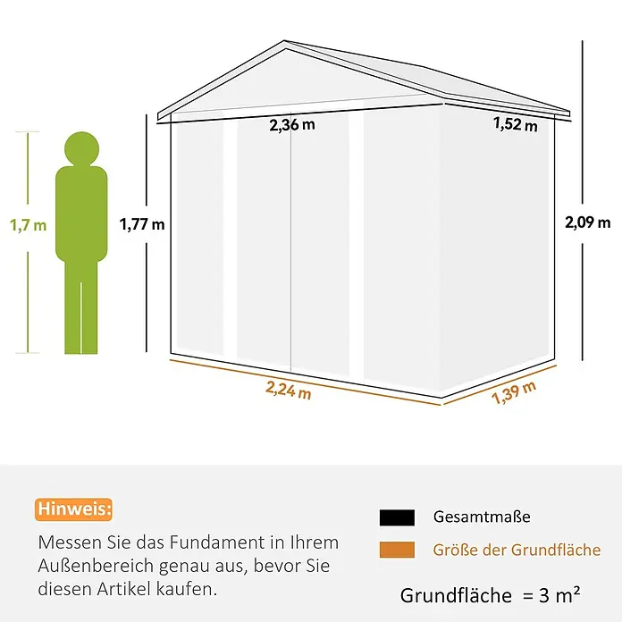 Outsunny Gerätehaus - Außenbreite inkl. Dachüberstand: 236 cm, Außentiefe inkl. Dachüberstand: 152 cm, Stahl, Braun - Maßzeichnung eines Gartenhauses mit Gesamtmaßen und einer Person zum Größenvergleich. Grundfläche 3 m².