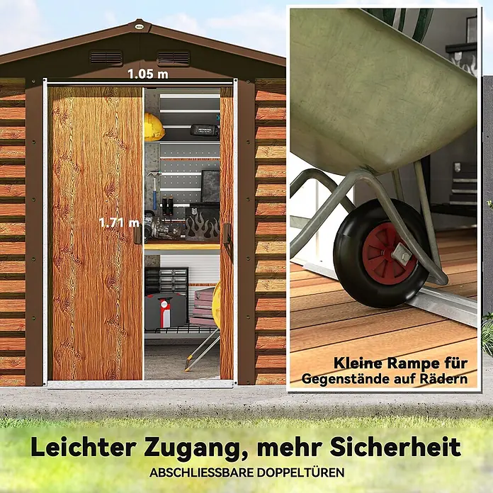 Outsunny Gerätehaus - Außenbreite inkl. Dachüberstand: 236 cm, Außentiefe inkl. Dachüberstand: 152 cm, Stahl, Braun - Braunes Gartenhaus mit breiten (1,05x1,71m) abschließbaren Doppeltüren und kleiner Rampe für leichten Zugang.