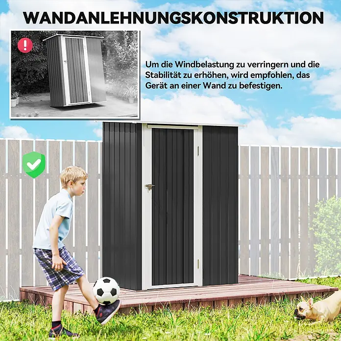 Outsunny Gerätehaus - Außenbreite inkl. Dachüberstand: 142 cm, Außentiefe inkl. Dachüberstand: 86 cm, Stahl, Dunkelgrau - Dunkelgraues Metall-Gartenhaus mit weißem Rahmen, zur Wandmontage für erhöhte Windstabilität, im Garten stehend.