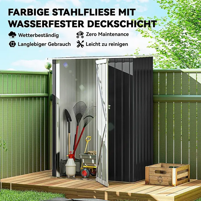 Outsunny Gerätehaus - Außenbreite inkl. Dachüberstand: 142 cm, Außentiefe inkl. Dachüberstand: 86 cm, Stahl, Dunkelgrau - Dunkelgrauer Metall-Gartenschuppen mit offener Tür, Gartengeräte sichtbar, auf Holzterrasse. Wetterfest und langlebig.