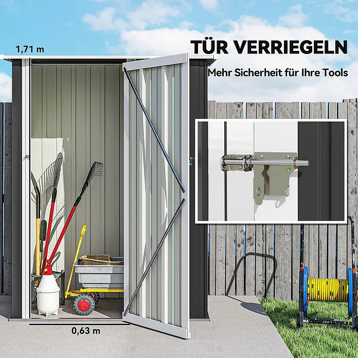 Outsunny Gerätehaus - Außenbreite inkl. Dachüberstand: 142 cm, Außentiefe inkl. Dachüberstand: 86 cm, Stahl, Dunkelgrau - Offener Gartenschuppen mit Werkzeugen, 1,71m hoch, 0,63m Türbreite. Hervorgehobener Türriegel zur Sicherheit.