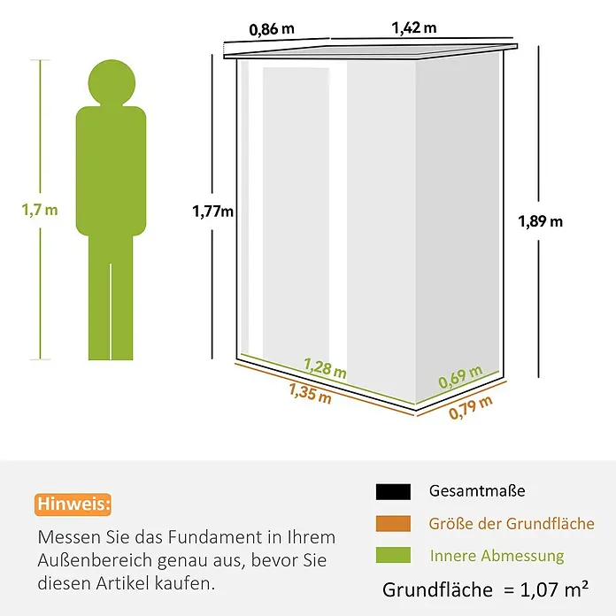 Outsunny Gerätehaus - Außenbreite inkl. Dachüberstand: 142 cm, Außentiefe inkl. Dachüberstand: 86 cm, Stahl, Braun - Graues Gerätehaus mit detaillierten Gesamt-, Grundflächen- und Innenmaßen, inklusive 1,7 m großer menschlicher Figur zum Größenvergleich.