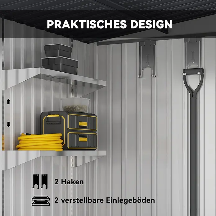 Outsunny Gerätehaus - Außenbreite inkl. Dachüberstand: 154 cm, Außentiefe inkl. Dachüberstand: 206 cm, Stahl, Weiß - Praktisches Lagersystem mit zwei verstellbaren Einlegeböden und zwei Haken zur Organisation von Werkzeugen.