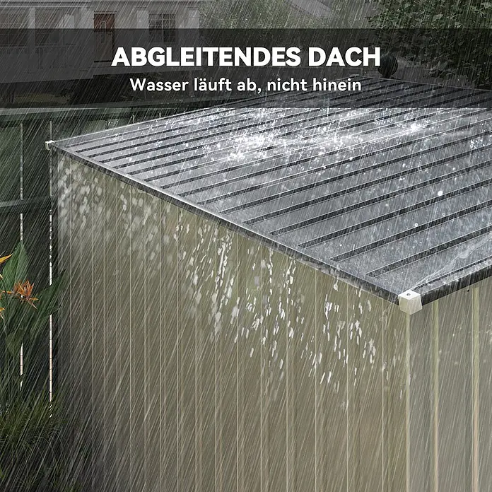Outsunny Gerätehaus - Außenbreite inkl. Dachüberstand: 154 cm, Außentiefe inkl. Dachüberstand: 206 cm, Stahl, Weiß - Schrägdach eines Schuppens im Regen, zeigt Wasserablauf.