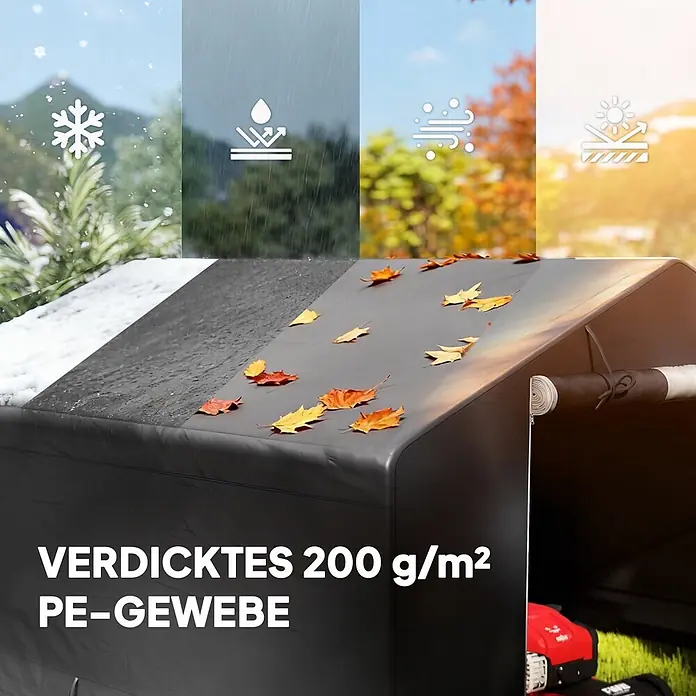 Outsunny Gerätehaus - Außenbreite inkl. Dachüberstand: 300 cm, Außentiefe inkl. Dachüberstand: 300 cm, Kunststoff, Dunkelgrau - Dunkelgraue 200 g/m² PE Schutzhülle für Gartengeräte, abgebildet zum Schutz vor Schnee, Regen, Wind und Sonne.