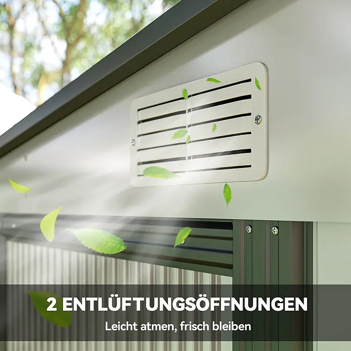 Outsunny Gerätehaus - Außenbreite inkl. Dachüberstand: 154 cm, Außentiefe inkl. Dachüberstand: 206 cm, Stahl, Weiß - Weiße Lüftungsöffnung an einem Schuppen, grüne Blätter betonen den Luftstrom für frische Luftzirkulation.
