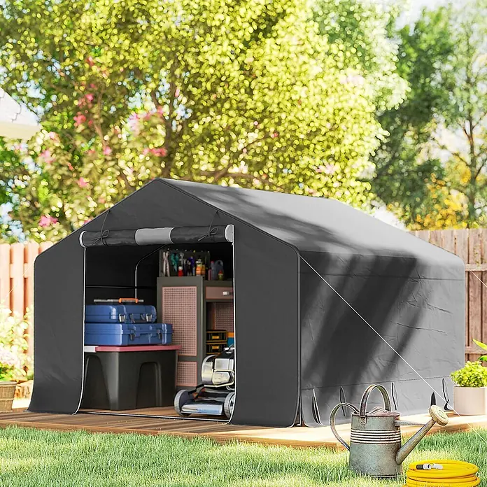 Outsunny Gerätehaus - Außenbreite inkl. Dachüberstand: 300 cm, Außentiefe inkl. Dachüberstand: 300 cm, Kunststoff, Dunkelgrau - Dunkelgrauer Geräteschuppen auf Holzterrasse, zur Aufbewahrung von Gartengeräten und Gepäck.