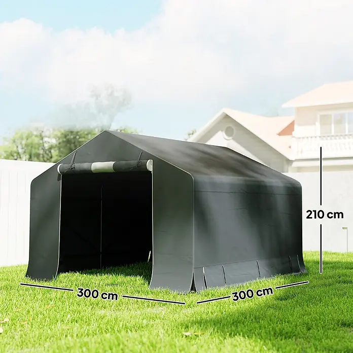 Outsunny Gerätehaus - Außenbreite inkl. Dachüberstand: 300 cm, Außentiefe inkl. Dachüberstand: 300 cm, Kunststoff, Dunkelgrau - Dunkelgraues Garagenzelt im Garten, Maße 300x300x210 cm.