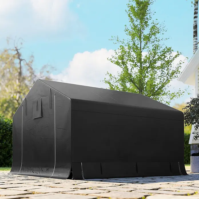 Outsunny Gerätehaus - Außenbreite inkl. Dachüberstand: 300 cm, Außentiefe inkl. Dachüberstand: 300 cm, Kunststoff, Dunkelgrau - Schwarzer Outdoor-Lagerschuppen mit spitzem Dach aus strapazierfähigem Stoff auf einer gepflasterten Terrasse im Garten.