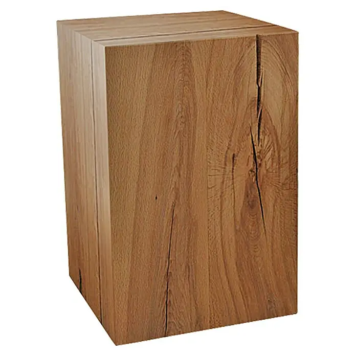 Noblewood MassivholzblockBuche, 30 x 30 x 45 cm - Ein rustikaler, hölzerner Hocker mit sichtbaren Holzstrukturen, der als Beistelltisch oder dekoratives Element verwendet werden kann.