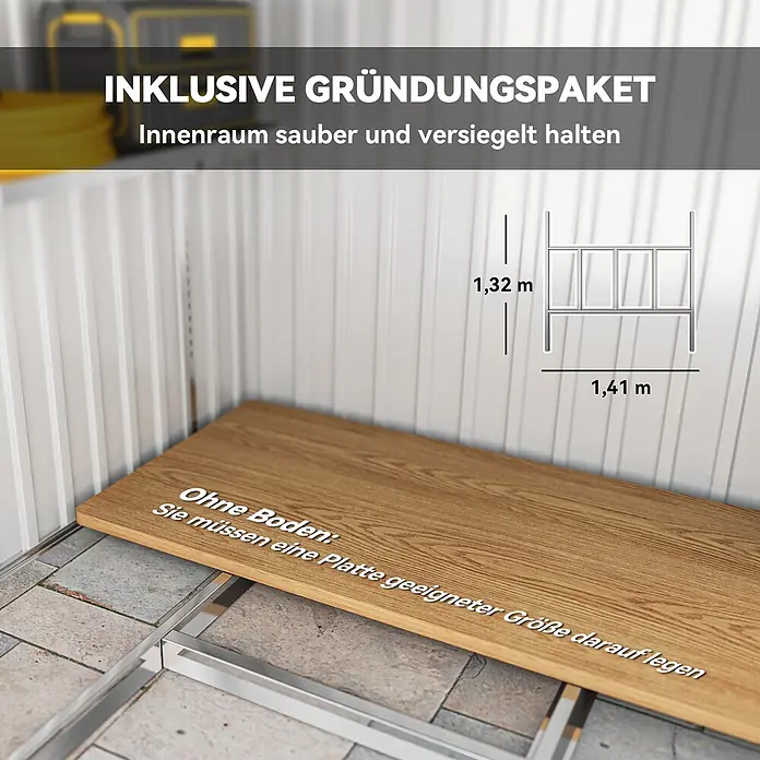 Outsunny Gerätehaus - Außenbreite inkl. Dachüberstand: 154 cm, Außentiefe inkl. Dachüberstand: 206 cm, Stahl, Weiß - Metall-Unterbau für Gartenhaus, vorbereitet für Bodenplatte. Maße für Fensteröffnung 1,32x1,41m.