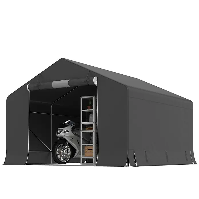 Outsunny Gerätehaus - Außenbreite inkl. Dachüberstand: 300 cm, Außentiefe inkl. Dachüberstand: 300 cm, Kunststoff, Dunkelgrau - Dunkelgraue, tragbare Garage mit aufgerolltem Fronteingang, beherbergt ein weißes Motorrad und ein Metallregal.