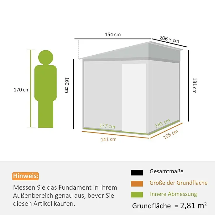 Outsunny Gerätehaus - Außenbreite inkl. Dachüberstand: 154 cm, Außentiefe inkl. Dachüberstand: 206 cm, Stahl, Weiß - Diagramm mit Abmessungen eines Schuppens: Breite, Tiefe, Höhe und Grundfläche, mit menschlicher Figur zur Skala.