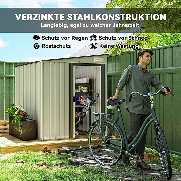 Outsunny Gerätehaus - Außenbreite inkl. Dachüberstand: 154 cm, Außentiefe inkl. Dachüberstand: 206 cm, Stahl, Weiß - Ein hellgrauer Gartenschuppen aus verzinktem Stahl in einer Gartenumgebung, der robusten, wetterfesten Stauraum bietet.