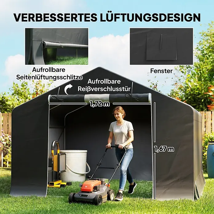 Outsunny Gerätehaus - Außenbreite inkl. Dachüberstand: 300 cm, Außentiefe inkl. Dachüberstand: 300 cm, Kunststoff, Dunkelgrau - Dunkelgrauer Geräteschuppen mit aufrollbarer Reißverschlusstür (1,72x1,67m), Seitenlüftung und Fenster, innen mit Person und Rasenmäher.