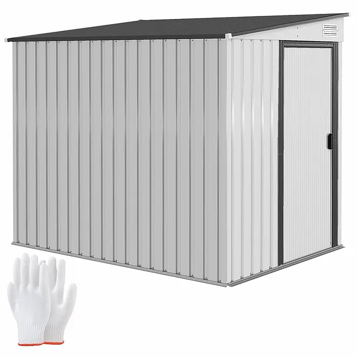 Outsunny Gerätehaus - Außenbreite inkl. Dachüberstand: 154 cm, Außentiefe inkl. Dachüberstand: 206 cm, Stahl, Weiß - Weißes Gartenhaus aus Metall mit dunkelgrauem Dach und schwarz gerahmter Tür, inklusive einem Paar weißer Arbeitshandschuhe.