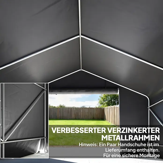 Outsunny Gerätehaus - Außenbreite inkl. Dachüberstand: 300 cm, Außentiefe inkl. Dachüberstand: 300 cm, Kunststoff, Dunkelgrau - Innenansicht eines schwarzen Zeltes mit verstärktem, verzinktem Metallrahmen, mit Blick auf einen grünen Garten.