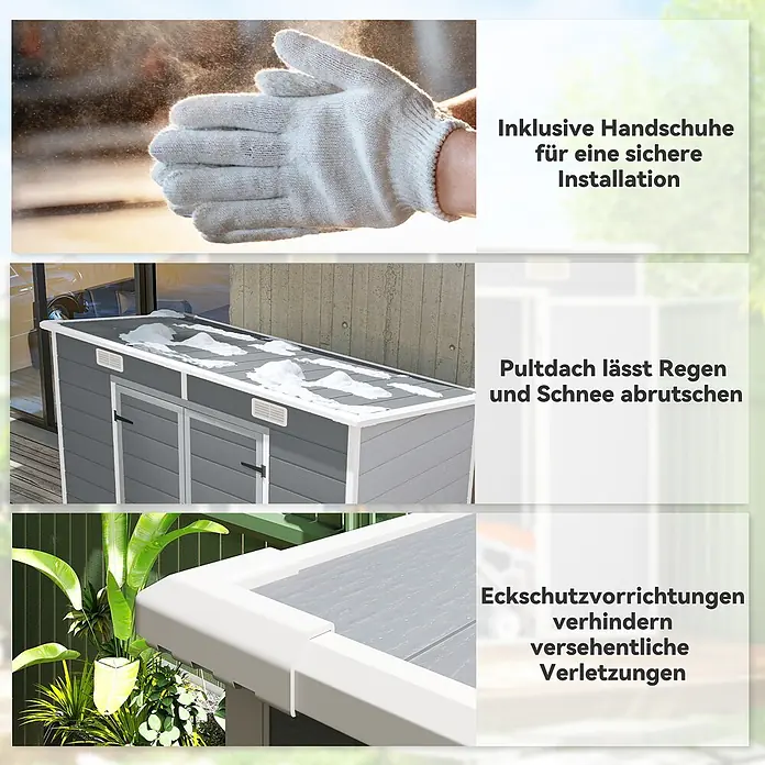 Outsunny Gerätehaus - Außenbreite inkl. Dachüberstand: 238 cm, Außentiefe inkl. Dachüberstand: 125 cm, Aluminium, Grau - Schuppen-Merkmale: Installationshandschuhe, Pultdach für Schnee-/Regenablauf und sichere Eckschützer gegen Verletzungen.